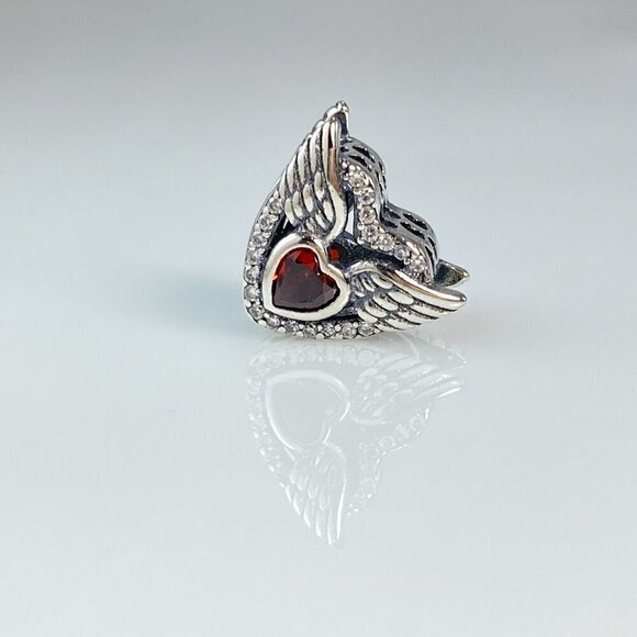 Sterling Silver Red Cubic Zirconia Heart with Wings Charm - Picture 8 of 13